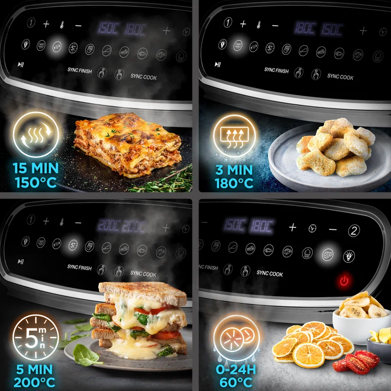 Duronic AF24 BK Heißluftfritteuse, Doppel-Fritteuse mit 10 Liter Volumen, Gleichzeitiges Kochen oder Fertigstellen, 10 voreingestellte Programme, Touch Control, Frittieren ohne Öl, 2400 Watt