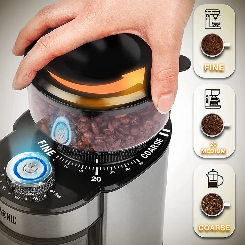 Duronic BG200 Elektrische Kegelmühle | 200 W Kaffeemühle mit Mahlwerk | 200 g Kaffeebohnen | Mahlgrad von grob bis fein | Mengendosierung bis 12 Tassen Kaffee | geeignet für French Press Café