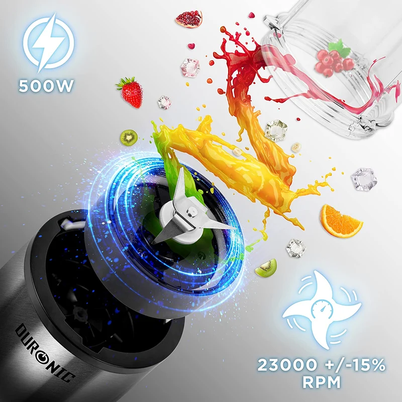 Duronic BL520 Blender, Mixer und Smoothie Maker, Standmixer für beste Rezepte, kleiner Hochleistungsmixer mit 23000 U/min und 500 Watt, Küchenmixer mit 2 Trinkflaschen BPA frei, Blender für Smoothies