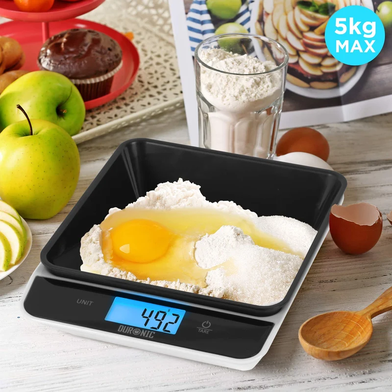 Duronic KS100 BK Küchenwaage | 5 kg Digitalwaage mit 1,2 L abnehmbarer Schüssel | 1 g grammgenau Präzision-Feinwaage | Haushaltswaage mit Tara-Funktion | Digitale Waage mit Hold-Funktion | Zum Kochen