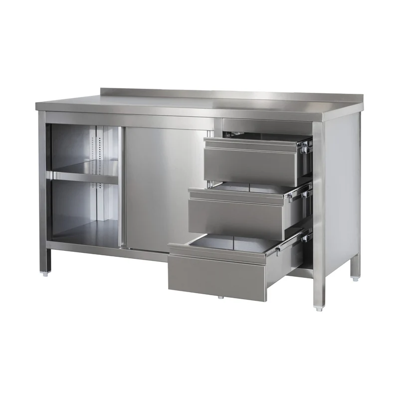 Edelstahl Arbeitsschrank mit Aufkantung, Schubladenblock rechts, Türen und höhenverstellbaren Zwischenboden – Bautiefe 800mm – AISI 304 – Breite 1300 mm
