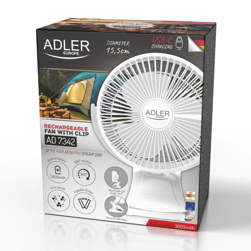 Adler AD 7342 white Akku-Ventilator mit Clip