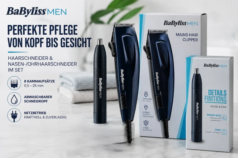 BaByliss E695E Haarschneider Set mit Netzbetrieb + BaByliss E650E Nasen-/Ohrtrimmer