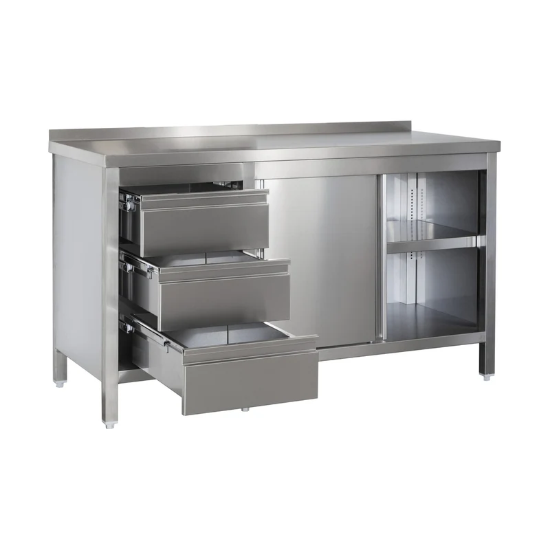 Edelstahl Arbeitsschrank mit Aufkantung, Schubladenblock links, Türen und höhenverstellbaren Zwischenboden – Bautiefe 800mm – AISI 304 – Breite 2900 mm