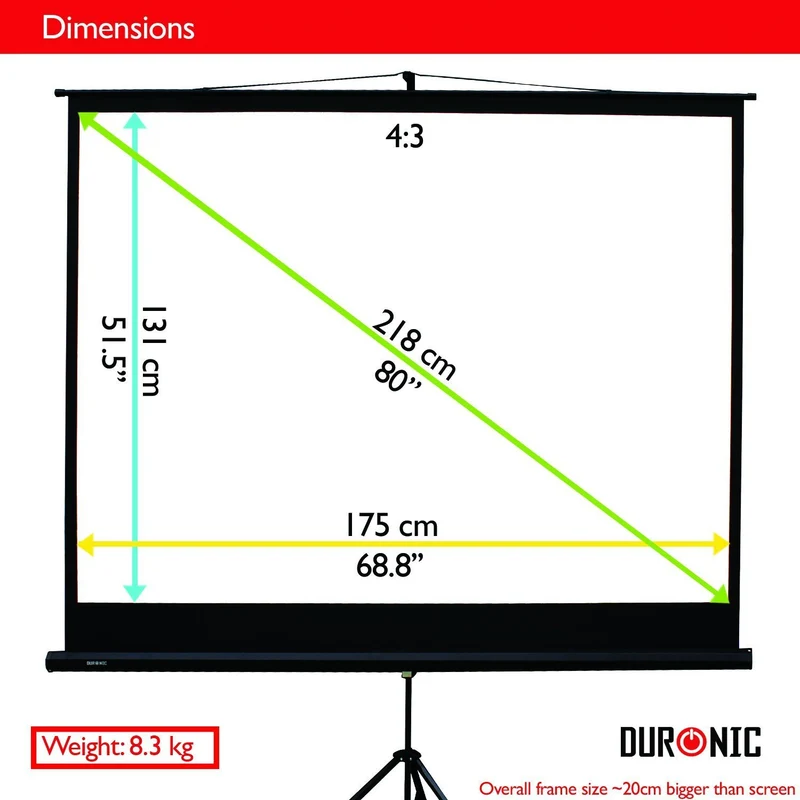 Duronic TPS86 Leinwand | 80" Stativleinwand | Stativ Beamerleinwand mit 175 x 131 cm Fläche im 4:3 Format | Heimkino mit 4K Full HD 3D | Projektorleinwand für Schule und Büro | Präsentationsleinwand