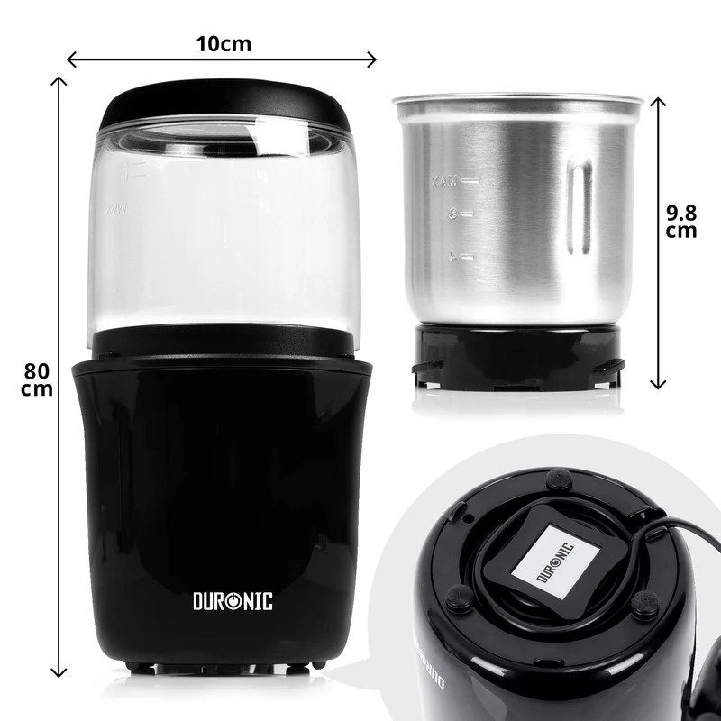 Duronic CG250 Kaffeemühle, 250W elektrische Kaffemühle, Gewürzmühle 75 g Fassungsvermögen, Coffee Grinder für Kaffeebohnen Gewürze Kräuter Nüsse Getreide, Zucker, Kaffeemahlmaschine, Kaffeemahlwerk