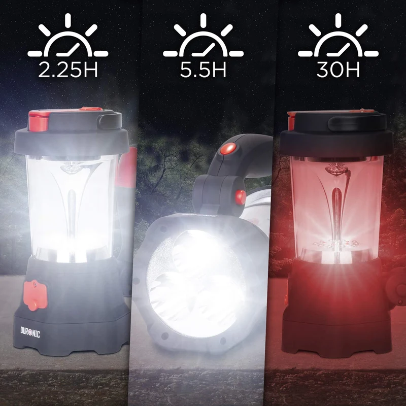 Duronic Hurricane Campinglampe, Taschenlampe mit Laterne und Notfallsignal, wiederaufladbar mit Kurbel oder USB, inkl. Powerbank Funktion, mit Haken