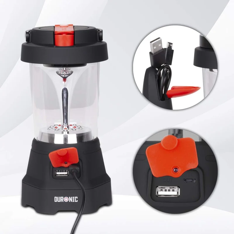 Duronic Hurricane Campinglampe, Taschenlampe mit Laterne und Notfallsignal, wiederaufladbar mit Kurbel oder USB, inkl. Powerbank Funktion, mit Haken