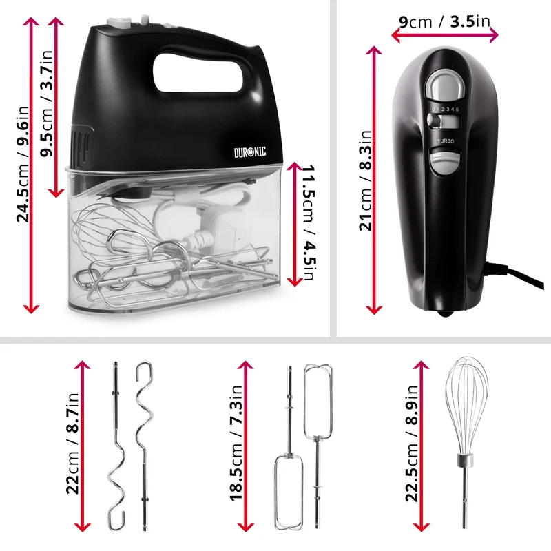 Duronic HM4 BK elektrischer Handmixer 400W, Handrührgerät mit Aufbewahrungsbox, Rührgerät Rührbesen Knethaken Aufbewahrungsbox, Rührmaschine, Küchenmixer, Handrührer, Mixer für Backen, Teig, Schwarz