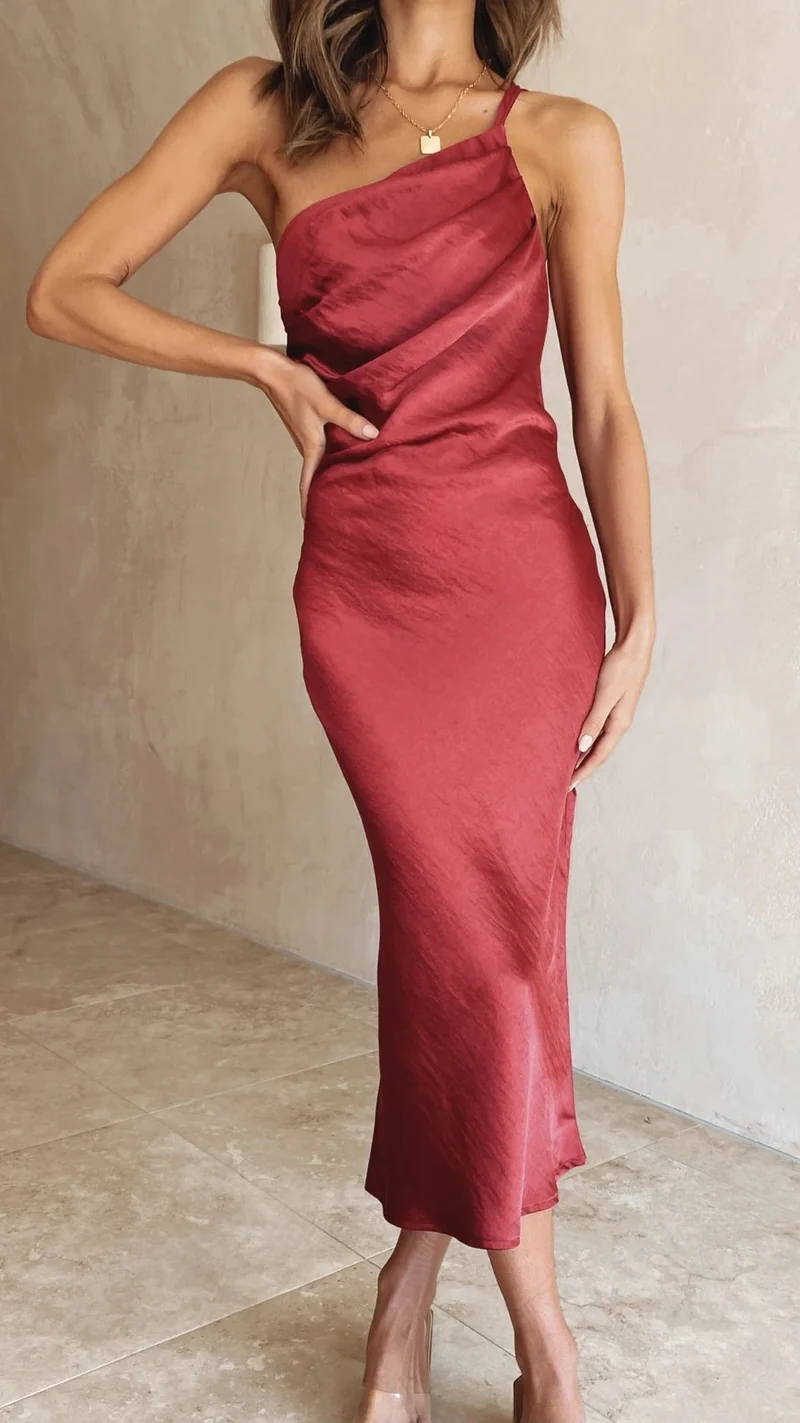 Sofia - Een-schouder Midi-jurk van Satijn met Elegante Drapering
