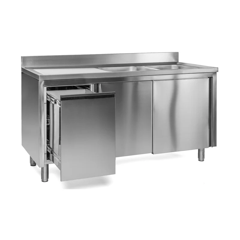 Spülschrank mit Abfallbehälter, 2 Becken rechts, Bautiefe 600 mm – 1600x600x850 mm