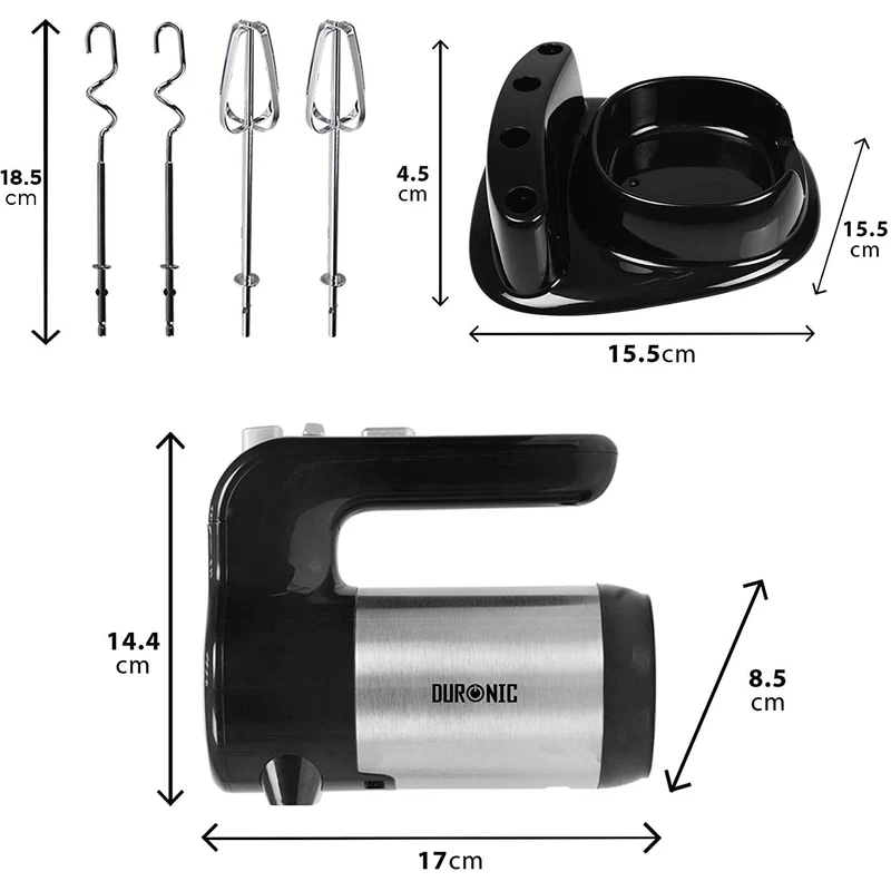 Duronic HM3 elektrischer Handmixer 300W, Handrührgerät mit Basis, Rührgerät 2 Rührbesen 2 Knethaken, Rührmaschine, Küchenmixer, Handrührer, Mixer für Backen, Sahne, Teig, Saucen, Desserts, Mayonnaise