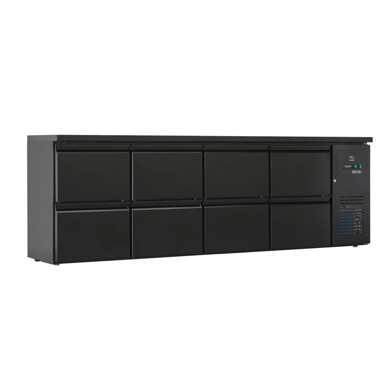 Flaschenkühltisch 600 Liter – Schwarz – 8 Schubladen – 2545 x 520 x 840 mm