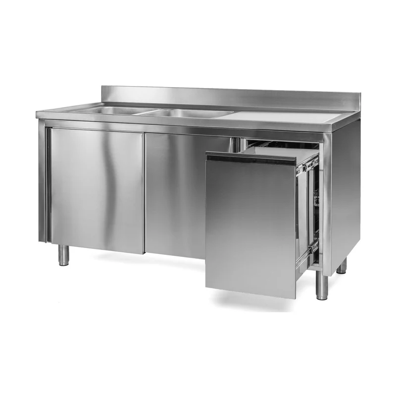 Spülschrank mit Abfallbehälter, 2 Becken links, Bautiefe 700 mm – 1500x700x850 mm