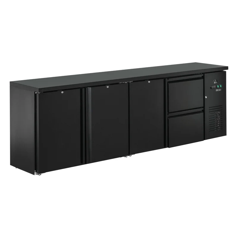 Flaschenkühltisch 600 Liter – Schwarz – 3 Türen + 2 Schubladen – 2545 x 520 x 840 mm