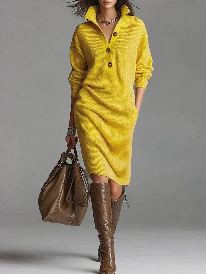 Helene | Dames Midi-jurk met knopenrij en ribstructuur