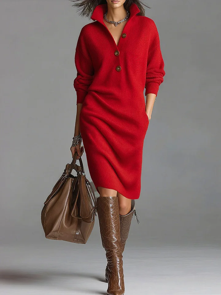 Helene | Dames Midi-jurk met knopenrij en ribstructuur