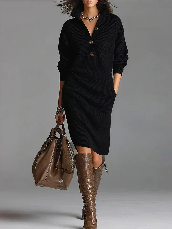 Helene | Dames Midi-jurk met knopenrij en ribstructuur