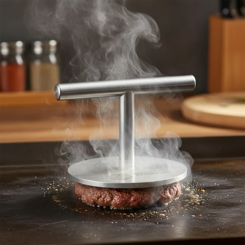 Grill Fanatics Smashburger Kit 12cm Edelstahl Holz - Presse Spatel Gewürzstreuer