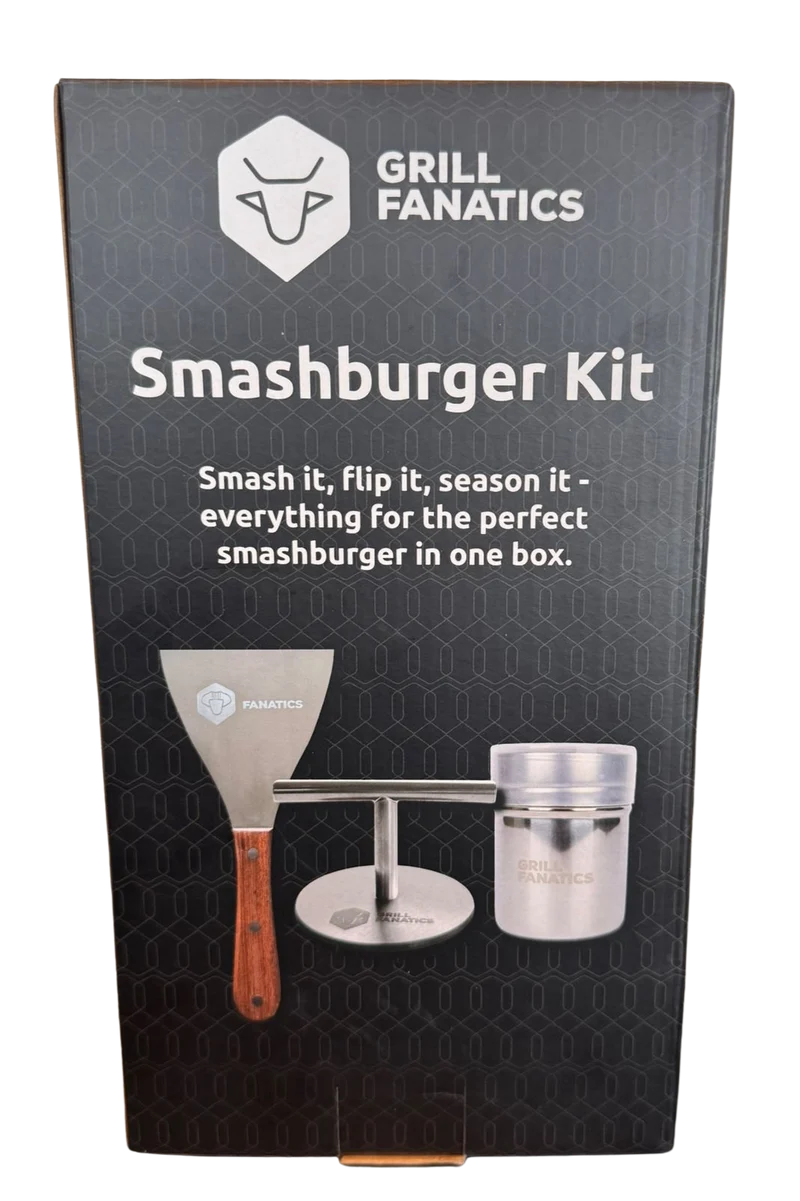 Grill Fanatics Smashburger Kit 12cm Edelstahl Holz - Presse Spatel Gewürzstreuer
