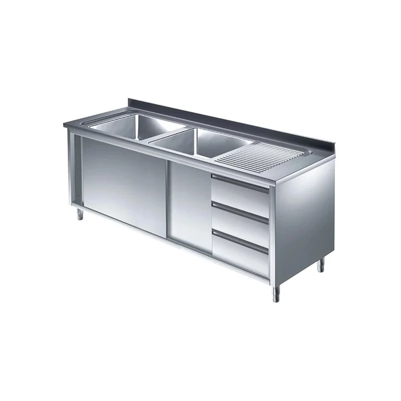 Spülschrank mit Schubladenblock, 2 Becken links, Bautiefe 700 mm – 1600x700x850 mm