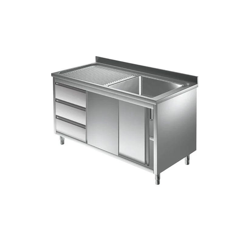 Spülschrank mit Schubladenblock, 1 Becken rechts, Bautiefe 700 mm – 1600x700x850 mm