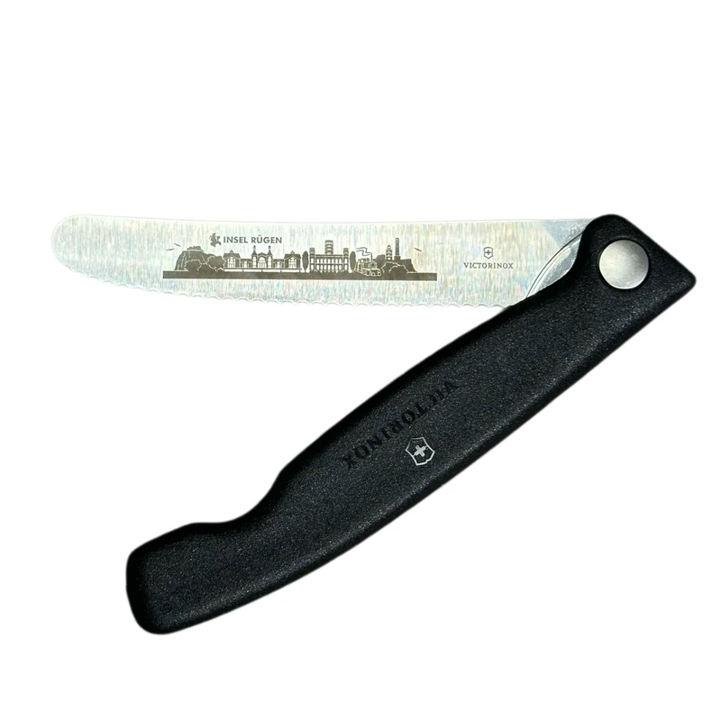 Victorinox: Picknickmesser, Gemüsemesser „Insel Rügen“, schwarz, faltbar, Wellenschliff, 6.7833.F.R6RÜG