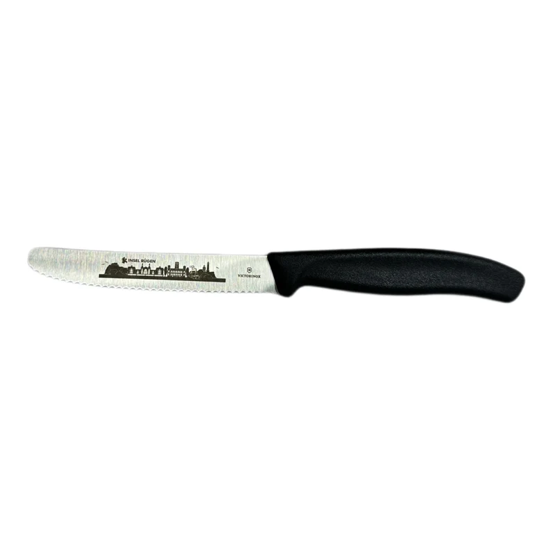 Victorinox: Tomatenmesser „Insel Rügen“, schwarz, Wellenschliff, 6.7833.R6RÜG