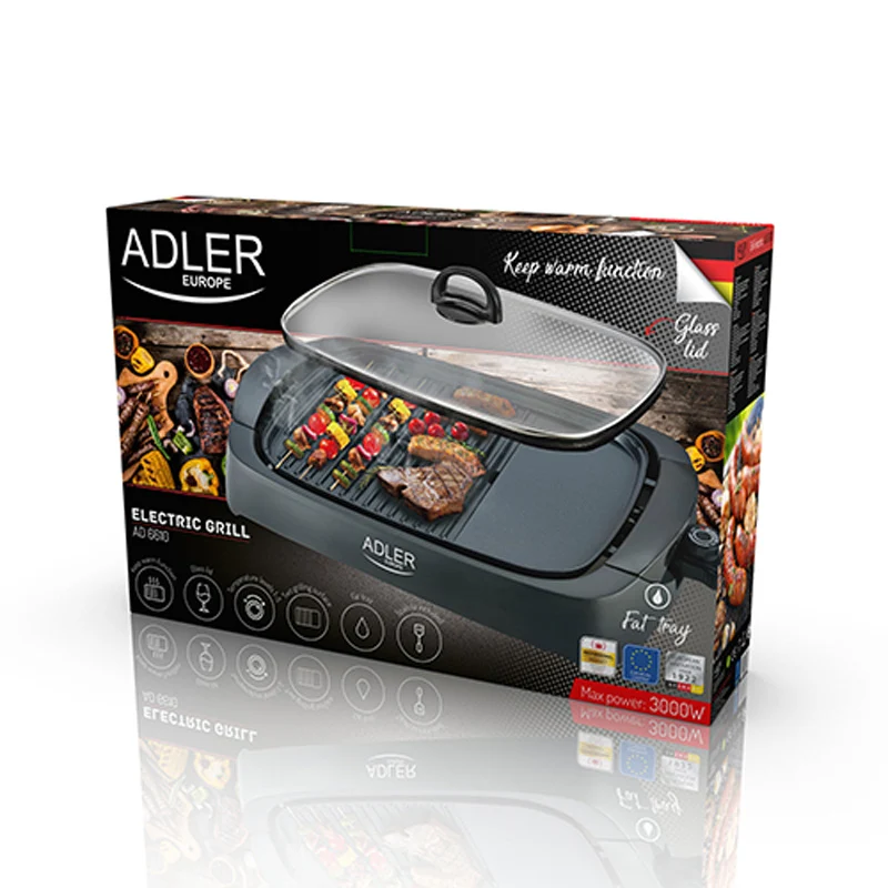 Adler AD 6610 Elektrogrill Tischgrill mit Glasdeckel 2 Grillflächen flach/gekerbt