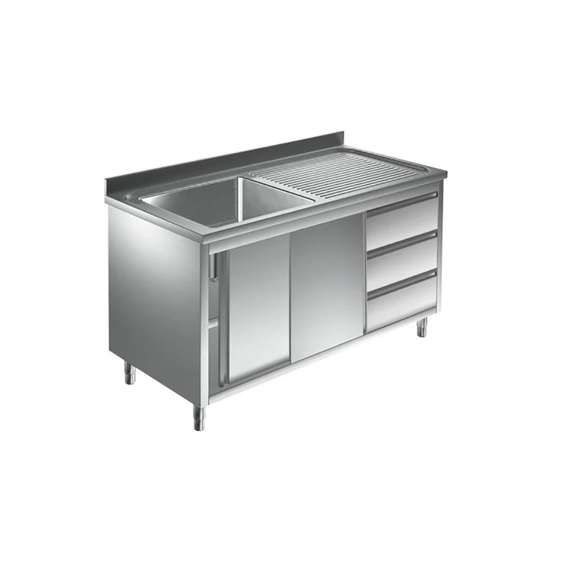 Spülschrank mit Schubladenblock, 1 Becken links, Bautiefe 700 mm – 1400x700x850 mm