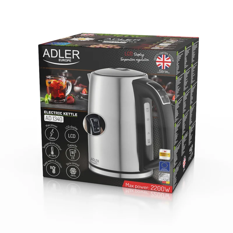 Adler AD 1340 Edelstahl-Wasserkocher 1,7L mit Temperatureinstellung