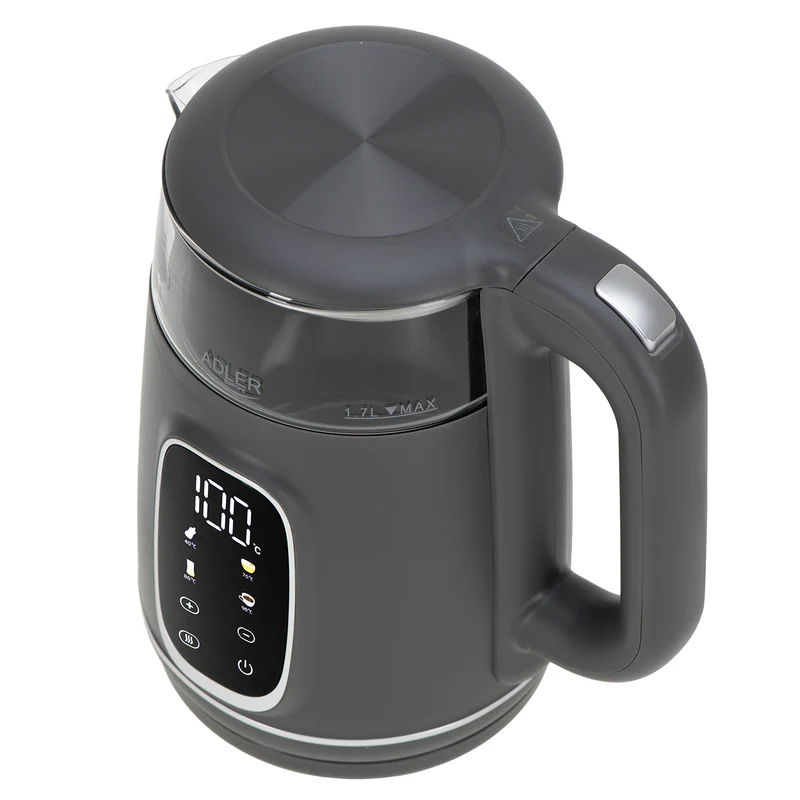 Adler AD 1305gs Wasserkocher Glas, LED-Anzeige, Temperaturreglung, 1,7L grau/silber 2200W