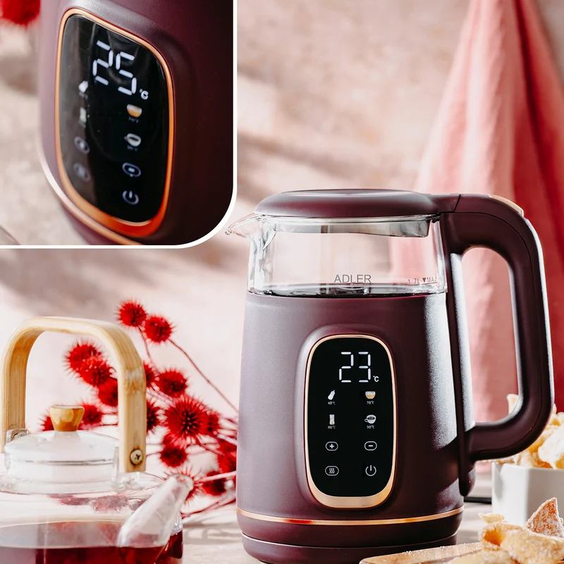 Adler AD 1305bu Wasserkocher Glas, LED-Anzeige, Temperaturreglung, 1,7L burgund/gold 2200W