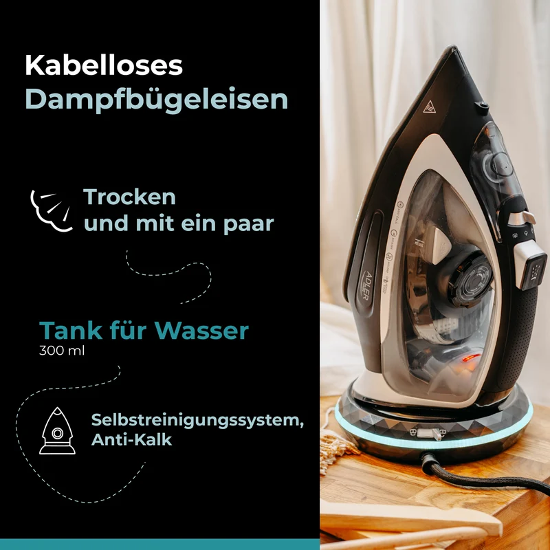 Adler AD 5043 Kabelloses Dampfbügeleisen 2800 Watt schwarz