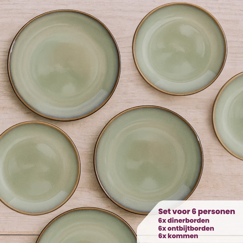 Cookinglife Geschirrset Sabi Grün 18-teilig / 6 Personen - 6 Speiseteller, 6 Frühstücksteller und 6 Schalen