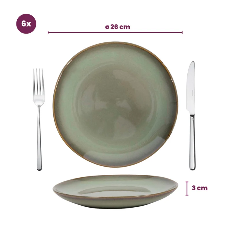 Cookinglife Geschirrset Sabi Grün 18-teilig / 6 Personen - 6 Speiseteller, 6 Frühstücksteller und 6 Schalen
