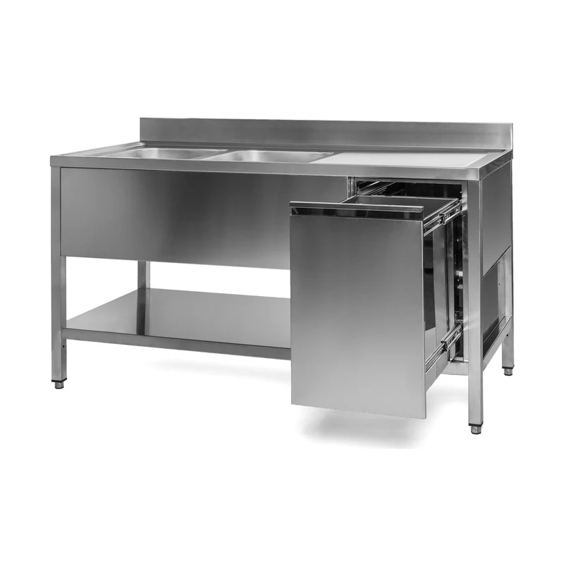 Spültisch mit Abfallbehälter, 2 Becken links, Bautiefe 700 mm – 1500x700x850 mm
