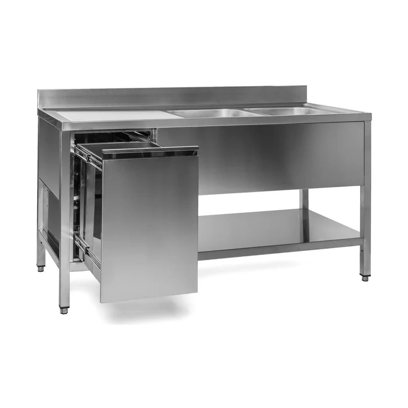 Spültisch mit Abfallbehälter, 2 Becken rechts, Bautiefe 600 mm – 1500x600x850 mm