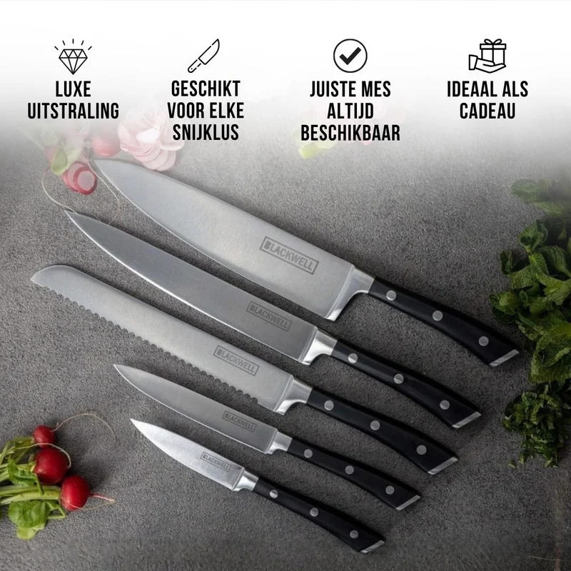 Blackwell Messerblock - Deluxe - Kochmesser, Brotmesser, Fleischmesser, Officemesser & Schälmesser 6-teilig