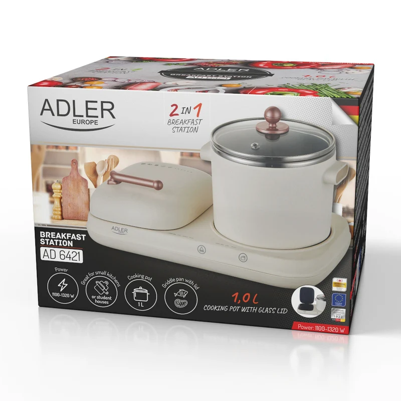 Adler AD 6421 2-in-1-Frühstücksstation Grillfläche und Kochplatte inkl Topf