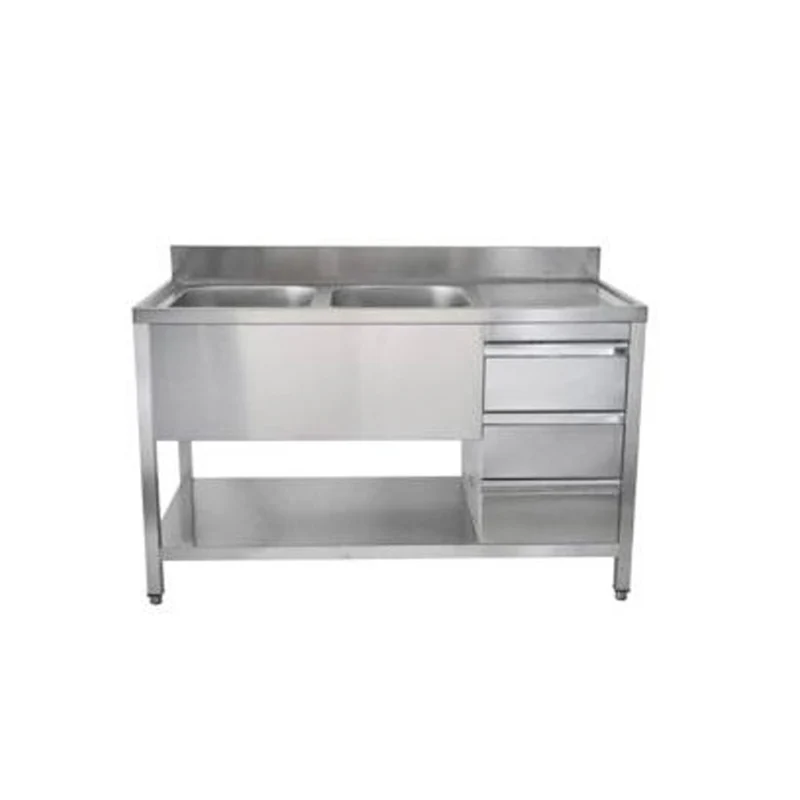 Spültisch mit Schubladenblock, 2 Becken links, Bautiefe 700 mm – 2000x700x850 mm
