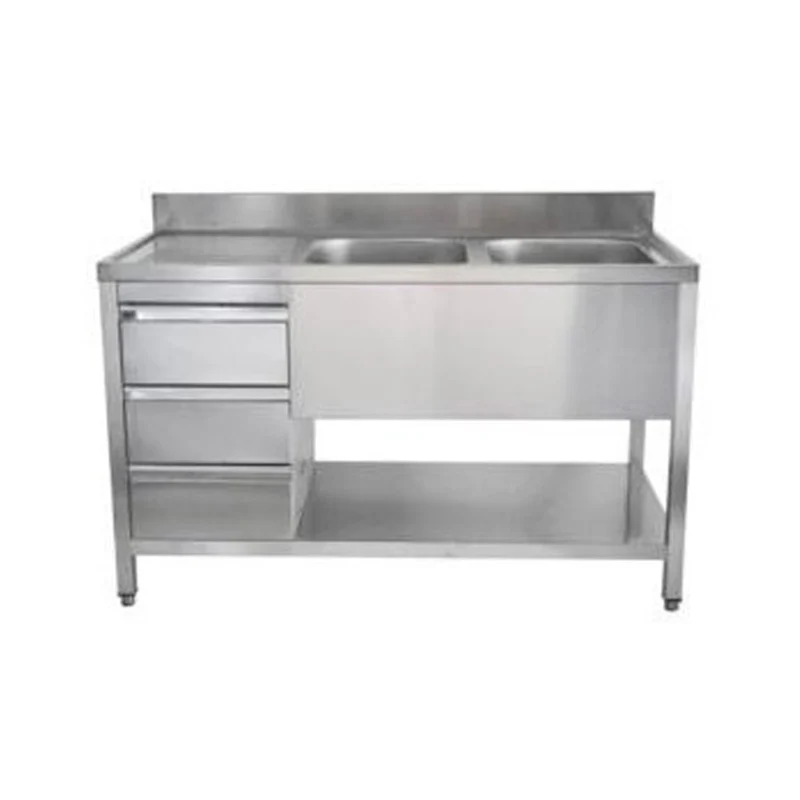 Spültisch mit Schubladenblock, 2 Becken rechts, Bautiefe 600 mm – 1500x600x850 mm