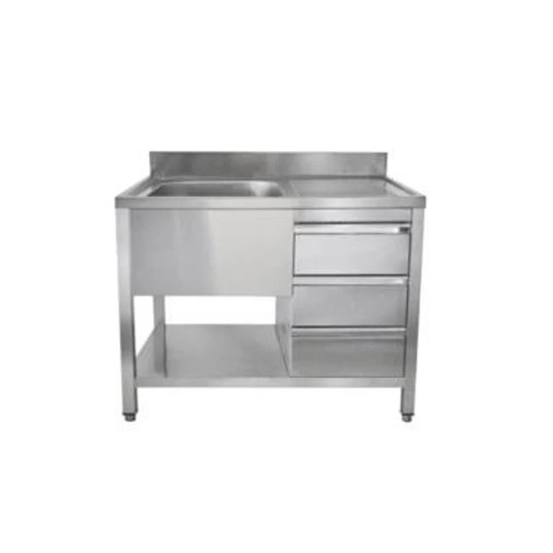 Spültisch mit Schubladenblock, 1 Becken links, Bautiefe 600 mm – 1400x700x850 mm