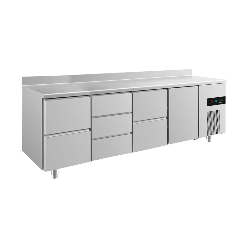 Kühltisch -2 bis +8°C 2330x700x850mm mit 1x Tür, 2x zwei Schubladen und 1x 3 Schubladen u. Aufkantung – Art.-Nr. KT4ZDZTA