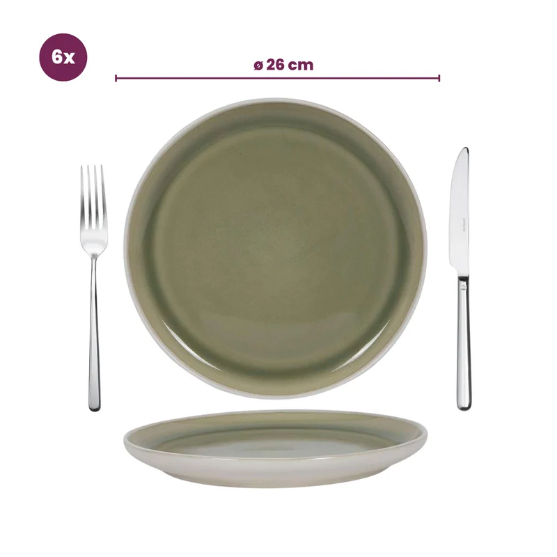 Cookinglife Geschirrset Mosgrün 18-teilig / 6 Personen - 6 Dinner-Teller, 6 Frühstücksteller und 6 Schalen