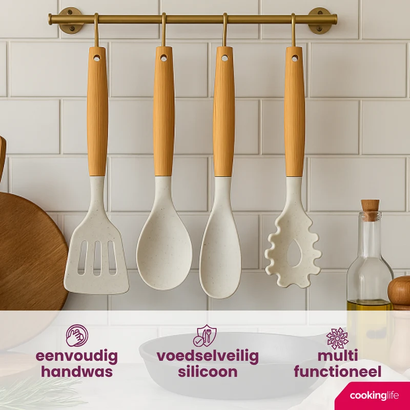Cookinglife Kochgeschirr Set - Kochgeschirr Set - Holz beige 4-teilig - Pfannenwender, Servierlöffel, Salatlöffel & Spaghettilöffel
