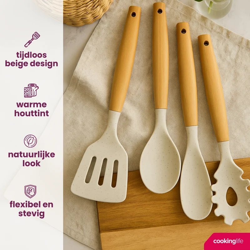 Cookinglife Kochgeschirr Set - Kochgeschirr Set - Holz beige 4-teilig - Pfannenwender, Servierlöffel, Salatlöffel & Spaghettilöffel