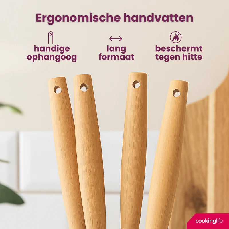 Cookinglife Kochgeschirr Set - Kochgeschirr Set - Holz beige 4-teilig - Pfannenwender, Servierlöffel, Salatlöffel & Spaghettilöffel