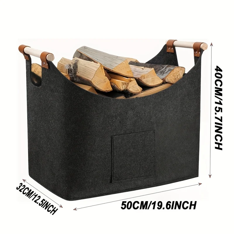 Filz-Kaminholzkorb FELDURA | Vouwbaar | 55L Volume | Met houten handvatten & leren details | Donkergrijs