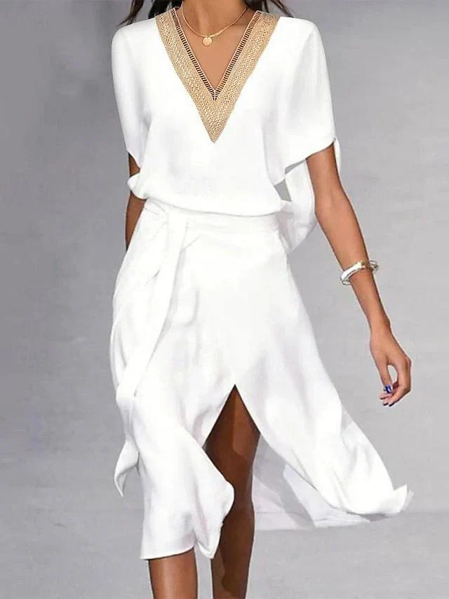 Witte V-hals jurk voor dames | Midi